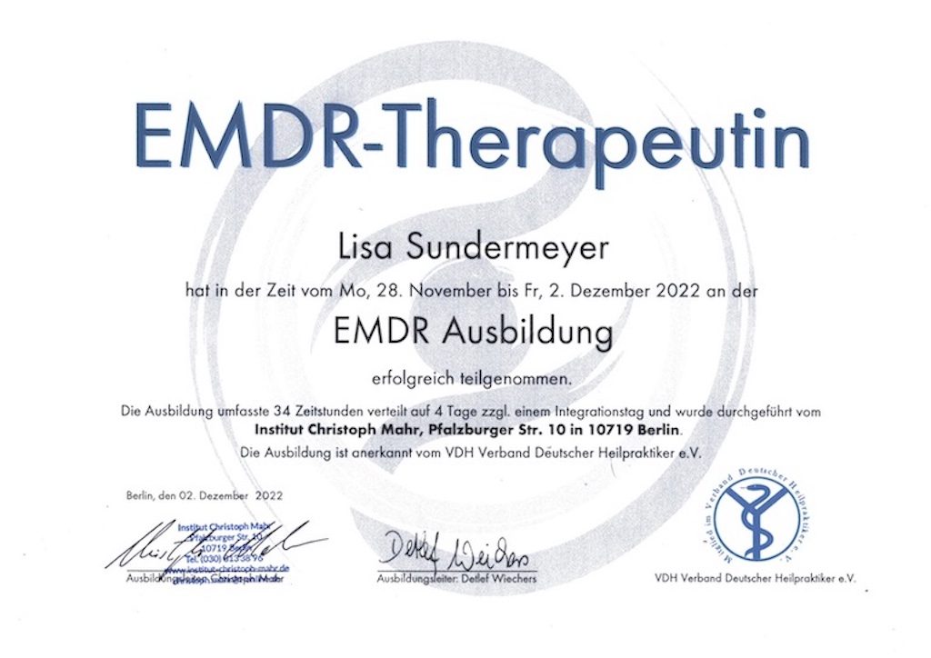 Urkunde EMDR-Therapeutin für Lisa Sundermeyer, Institut Christoph Mahr, Dezember 2022