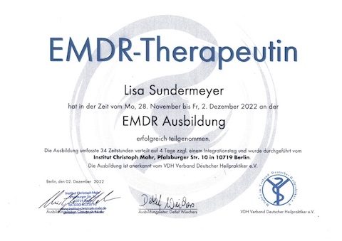 EMDR-Ausbildungszertifikat von Lisa Sundermeyer Zertifikat über Lisa Sundermeyers erfolgreich abgeschlossene EMDR-Ausbildung im Dezember 2022.